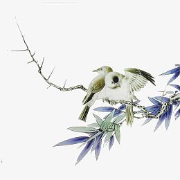 水墨画树枝蓝色叶子小鸟