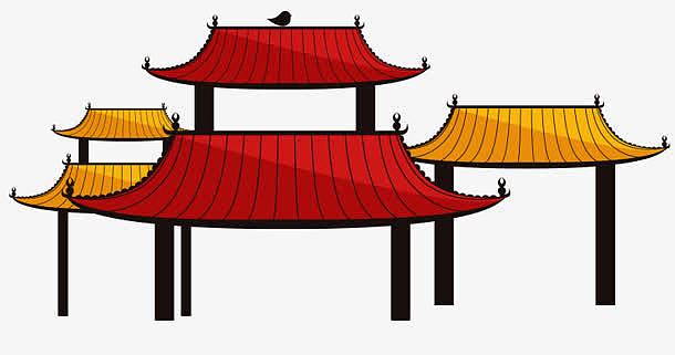 卡通人物psd图png中国风水墨牌楼元素png黄色古建筑png丽江牌楼png