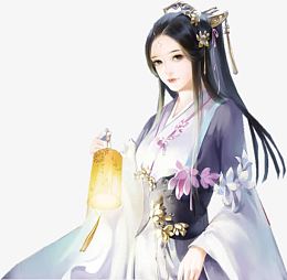 青衣提灯笼女子古风立绘