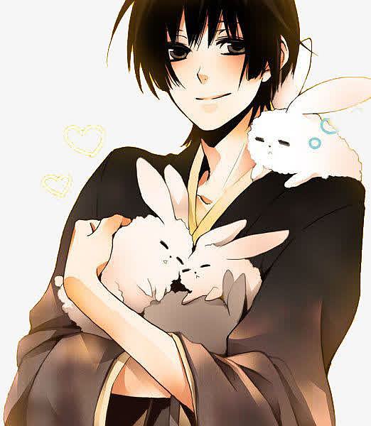 卡通立绘抱着兔子的男孩