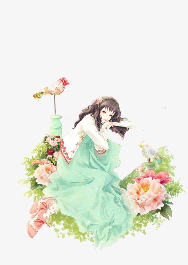 卡通立绘彩绘在花丛中的女子