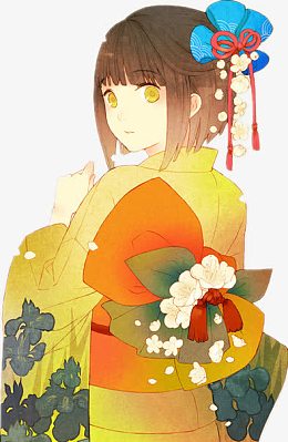 卡通黄衣服和服女孩回头