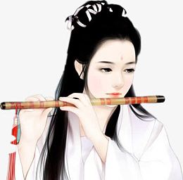 吹笛子的白衣美女手绘古风