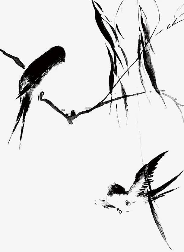 中国风水墨画竹叶小鸟