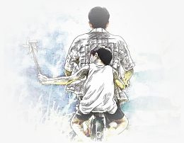 父亲单车载儿子背影