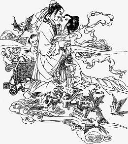 水墨鹊桥相会七夕情人节