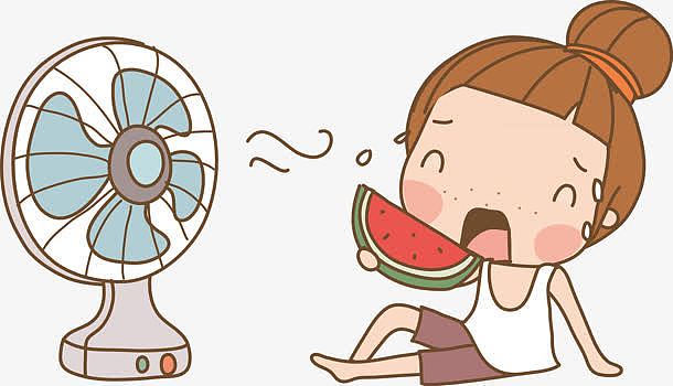 卡通少女吃西瓜吹电风扇