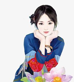 荷花蓝裙托腮女子