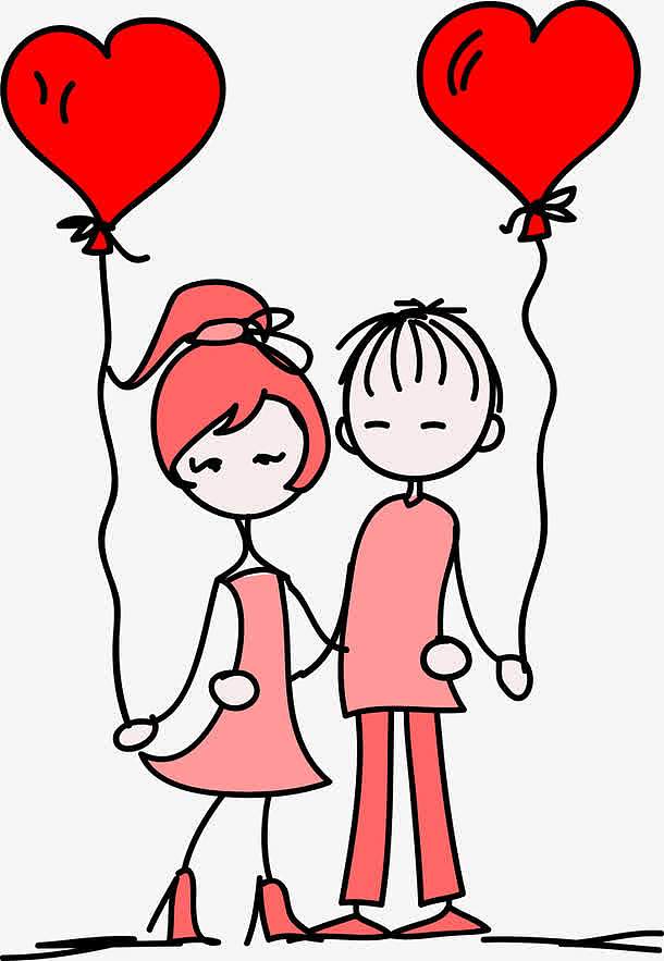 手绘情侣小人红色爱心气球