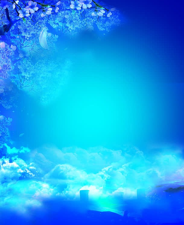 蓝色云朵花树海报背景七夕情人节