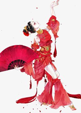 红衣扇子跳舞美女古风手绘