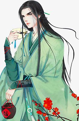 喝酒的绿衣男子古风手绘