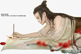 伏案画画的美男古风手绘