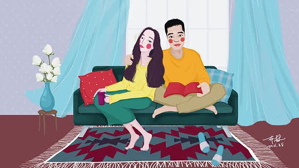 沙发上的夫妻卡通海报背景