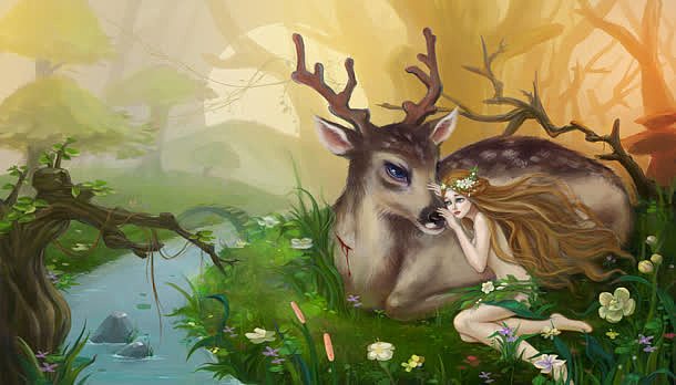 梦幻森林里的麋鹿和女人海报背景