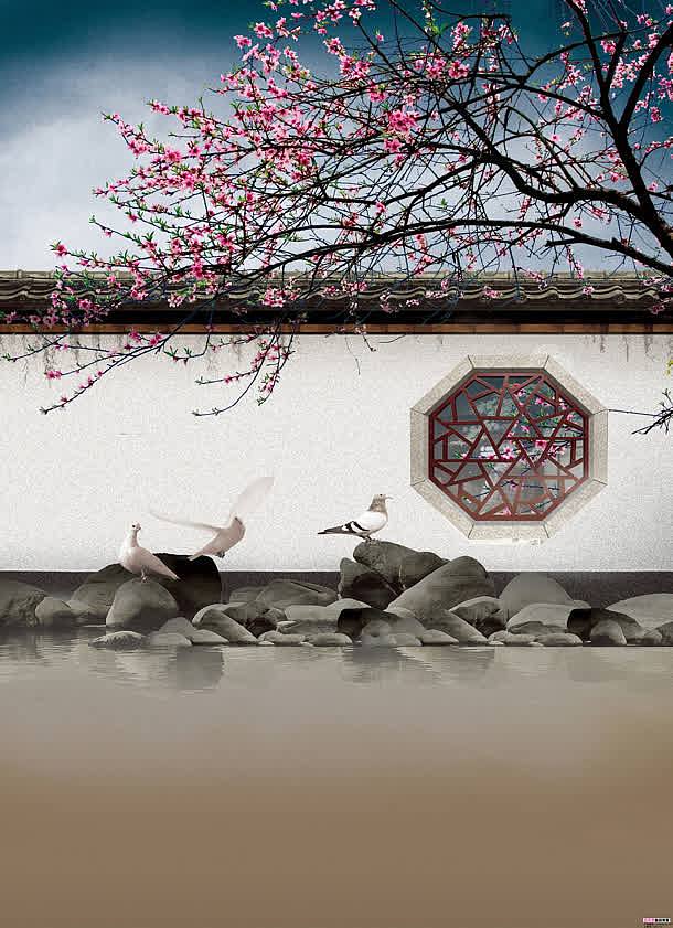 中国风白色围墙梅花树海报背景