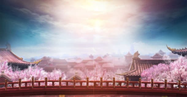 中国风卡通亭台楼阁粉色花朵海报背景