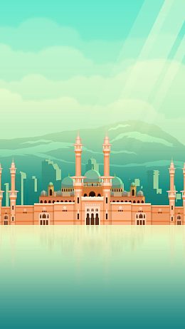 绿色水面山峦城堡海报背景壁纸