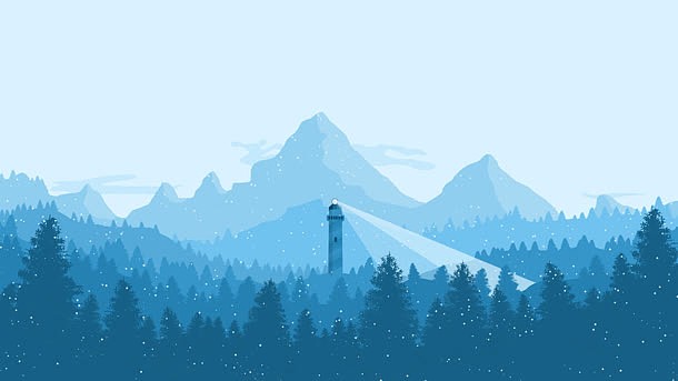 蓝色冬季雪山松树林灯塔海报背景