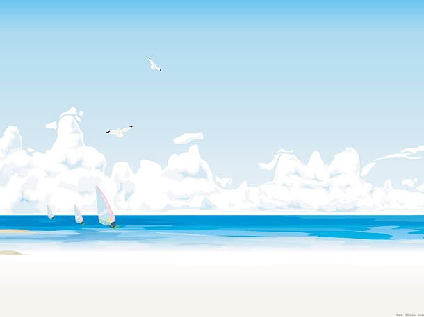 卡通手绘蓝色海水海鸥帆船海报背景
