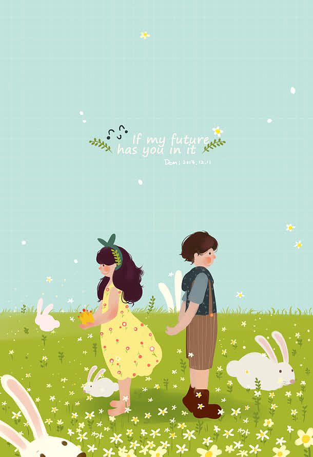 绿色卡通草地背对兔子少年少女海报背景