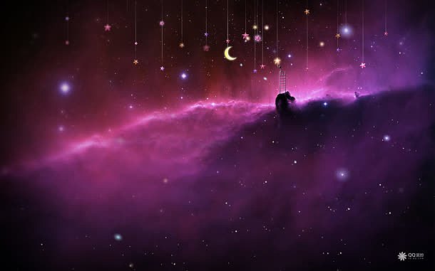 紫色星空悬挂的星星月亮海报背景