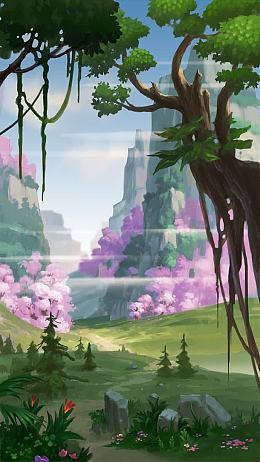 卡通游戏蓝天山峰粉花场景