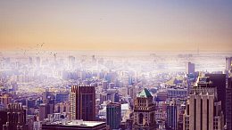 蓝天夕阳雾霾城市