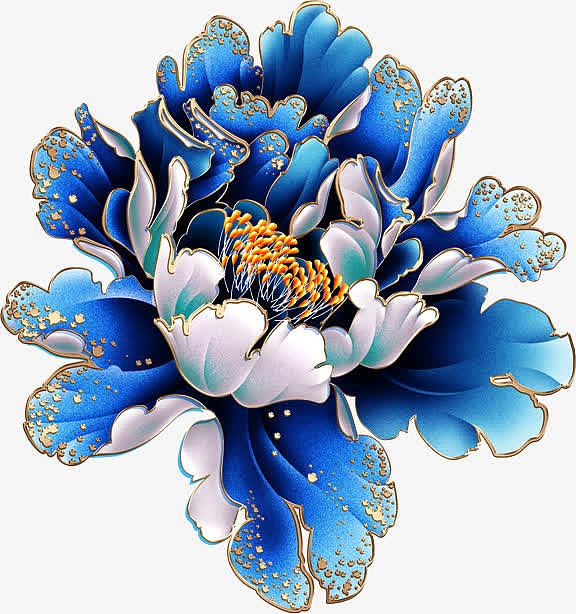 蓝色花卉手绘牡丹中秋