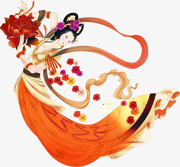 中秋节手绘红色美女红花