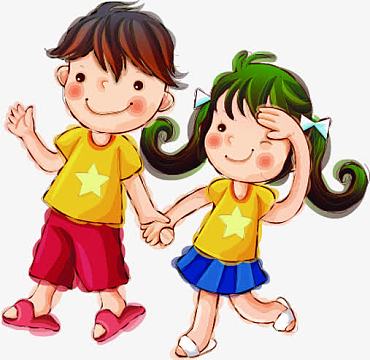 卡通男孩和女孩手牵手