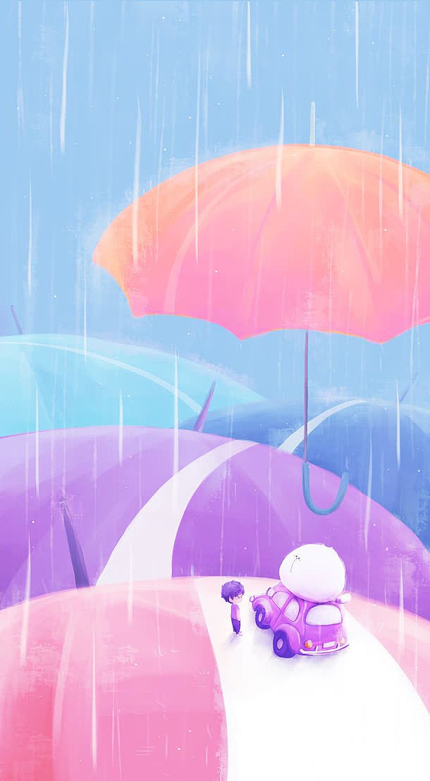 手绘雨天粉色雨伞