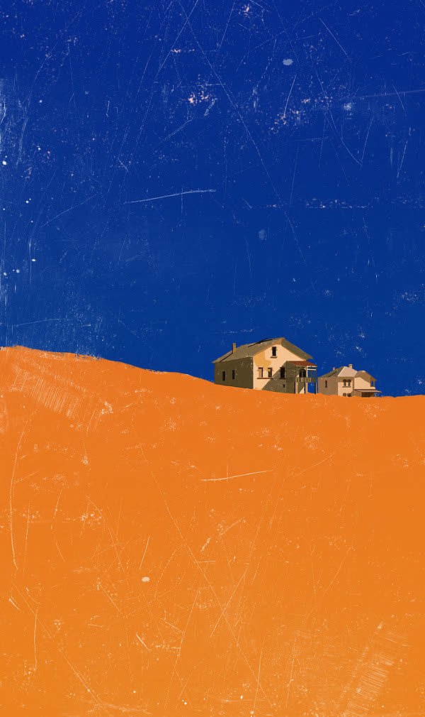 手绘房子蓝色橙色拼接背景