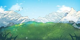 游戏卡通画面山峦草木飞鸟天空