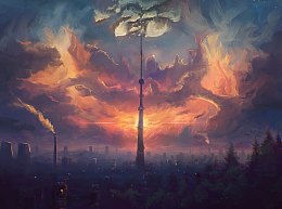 油画天空路灯环境渲染效果