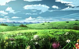 手绘卡通天空草地