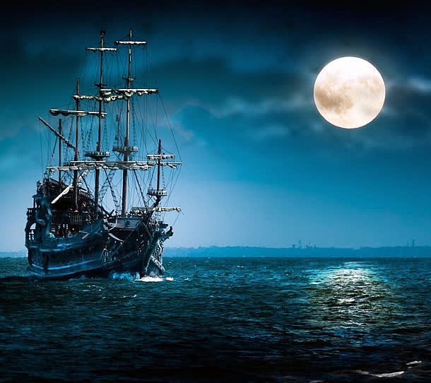 月亮海水船舶夜晚