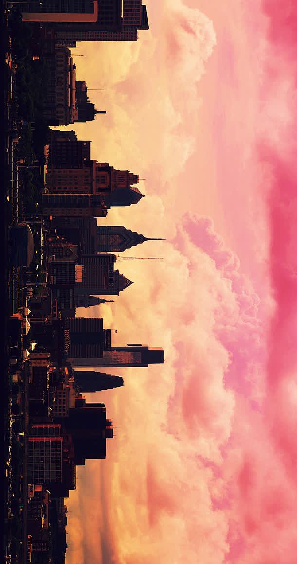 红色天空渲染繁华城市建筑高清合成摄影