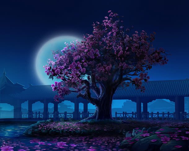 夜景游戏场景红色花朵树木月亮