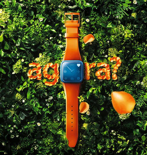 草地中的橙色手表海报背景