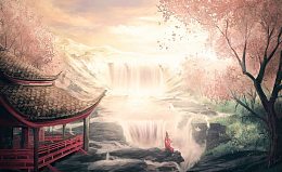 瀑布凉亭古风手绘