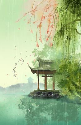 中国风湖边植物凉亭