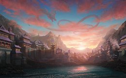 古风城市黄昏天空插画
