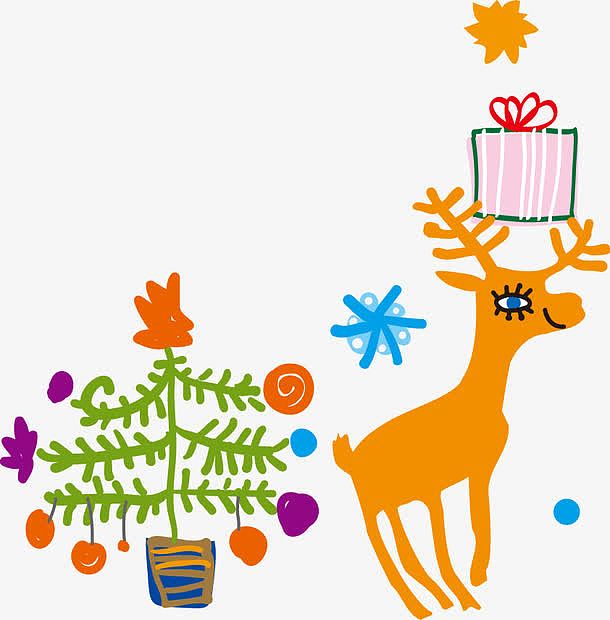 卡通手绘圣诞树麋鹿