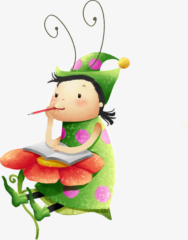 手绘绿色沉思儿童