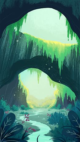手绘绿色大山洞插画