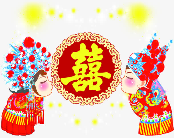 卡通中国风亲吻的夫妻婚礼