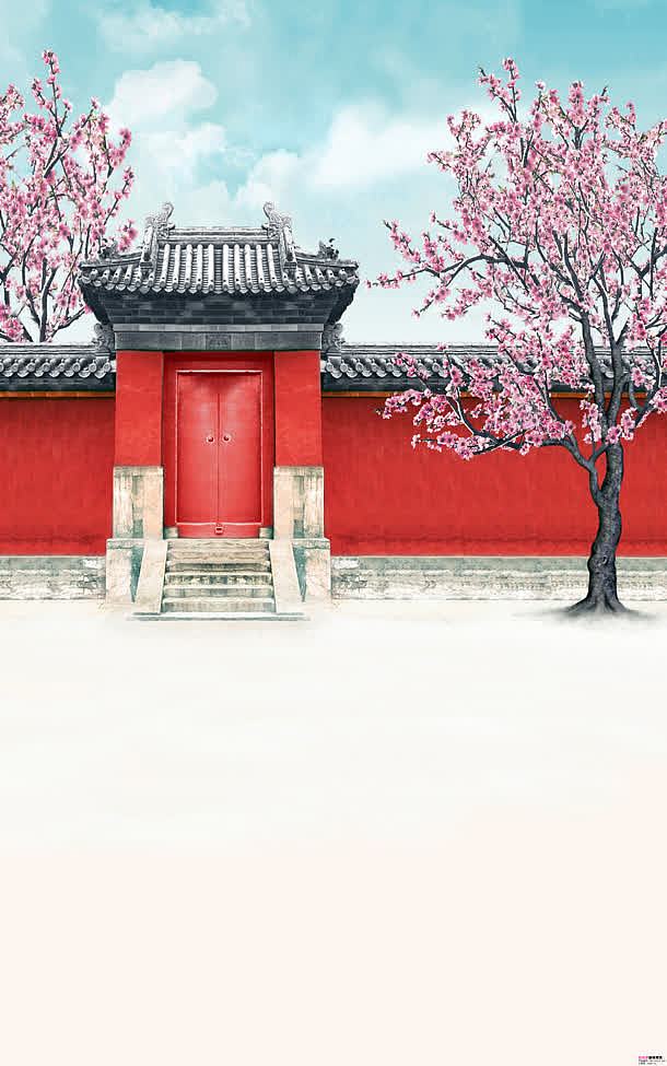 中国风红院桃花风景