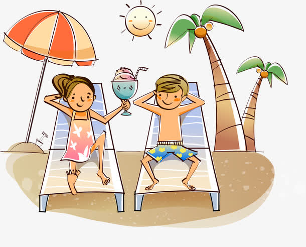 沙滩情侣卡通线条插画