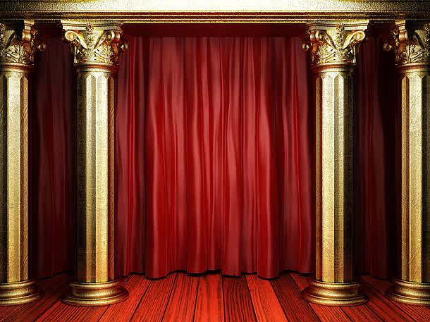 舞台上的圆形柱子和红色幕布